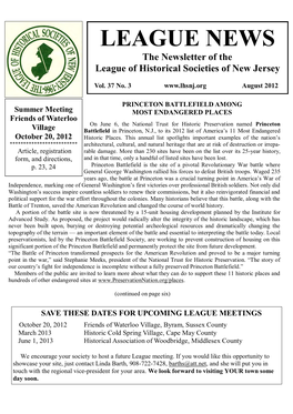 LEAGUE NEWS the Newsletter of the League of Historical Societies of New Jersey