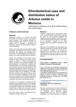 Ethnobotanical Uses and Distribution Status of Arbutus Unedo in Morocco Faida Rahima, Aabdousse Jamal, Boulli Abdelali, Bouda Said, Wahid Nadya