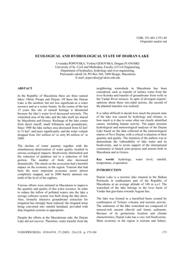 Ecological and Hydrological State of Dojran Lake