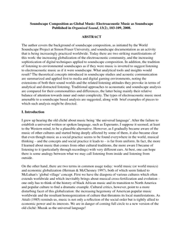 Soundscape Composition As Global Music: Electroacoustic Music As Soundscape Published in Organised Sound, 13(2), 103-109, 2008