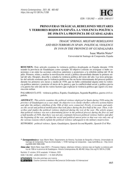 Primaveras Trágicas, Rebeliones Militares Y Terrores Rojos En España. La Violencia Política De 1936 En La Provincia De Guadalajara