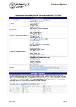 Fact Sheet for Student Exchange at the University of Zurich 2021/2022