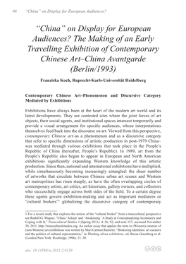 “China” on Display for European Audiences? the Making of an Early Travelling Exhibition of Contemporary Chinese Art–China Avantgarde (Berlin/1993)