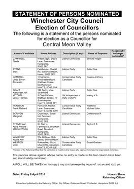 Winchester City Council Election of Councillors the Following Is a Statement of the Persons Nominated for Election As a Councillor for Central Meon Valley