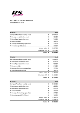 2017.Aasta RS PAATIDE HINNAKIRI Kehtib Kuni 31.12.2017