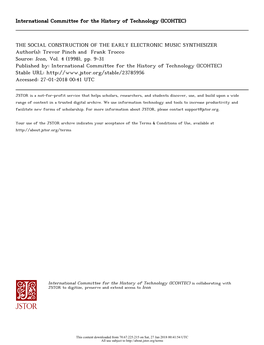 THE SOCIAL CONSTRUCTION of the EARLY ELECTRONIC MUSIC SYNTHESIZER Author(S): Trevor Pinch and Frank Trocco Source: Icon, Vol