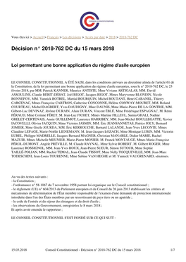 Cons. Const. 15 Mars 2018, N° 2018-762 DC