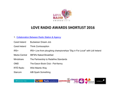 Love Radio Awards Shortlist 2016