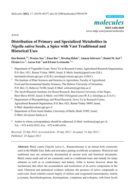 Distribution of Primary and Specialized Metabolites in Nigella Sativa Seeds, a Spice with Vast Traditional and Historical Uses