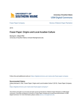Fraser Paper: Origins and Local Acadian Culture
