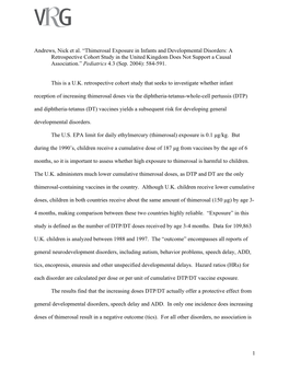 Thimerosal Exposure in Infants and Developmental Disorders: A