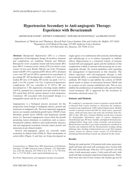 Hypertension Secondary to Anti-Angiogenic Therapy: Experience with Bevacizumab