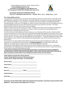 Proceeds Go to the Toledo Harbor Light House Society for the Promotion, Restoration and Preservation of the Lighthouse. Silent Auction Ends Sunday July 7Th at 4 P.M