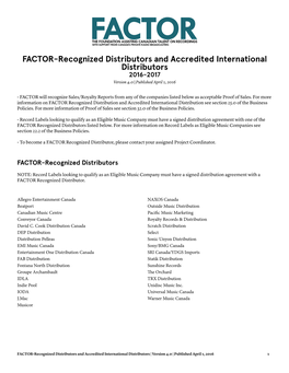 FACTOR-Recognized Distributors and Accredited International Distributors 2016-2017 Version 4.0 | Published April 1, 2016