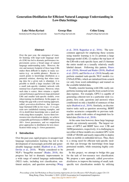 Generation-Distillation for Efficient Natural Language Understanding in Low-Data Settings