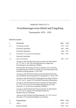 Verschönerungsverein Zürich Und Umgebung Vereinsarchiv 1870 – 1976