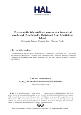 Cerrorchestia Taboukeli Sp. Nov., a New Terrestrial Amphipod (Amphipoda, Talitridae) from Martinique Island Christophe Piscart, Khaoula Ayati, Mathieu Coulis