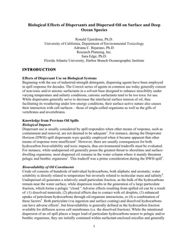 Biological Effects of Dispersants and Dispersed Oil on Surface and Deep Ocean Species