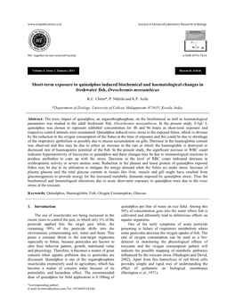 Short-Term Exposure to Quinalphos Induced Biochemical and Haematological Changes in Freshwater Fish, Oreochromis Mossambicus