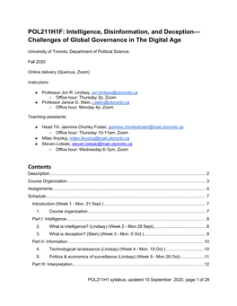 POL211H1F: Intelligence, Disinformation, and Deception— Challenges of Global Governance in the Digital Age