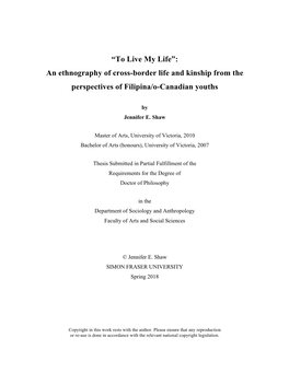 An Ethnography of Cross-Border Life and Kinship from the Perspectives of Filipina/O-Canadian Youths