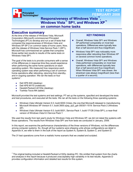 TEST REPORT FEBRUARY 2008 ™ Responsiveness of Windows Vista , ™ ™ Windows Vista SP1, and Windows XP on Common Home Tasks