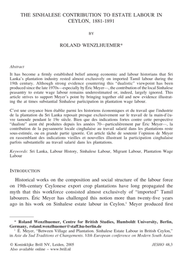 The Sinhalese Contribution to Estate Labour in Ceylon, 1881-1891