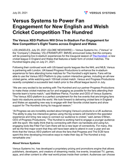 Versus Systems to Power Fan Engagement for New English and Welsh Cricket Competition the Hundred