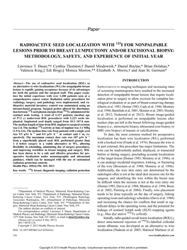 Paper RADIOACTIVE SEED LOCALIZATION with I for NONPALPABLE LESIONS PRIOR to BREAST LUMPECTOMY AND/OR EXCISIONAL BIOPSY