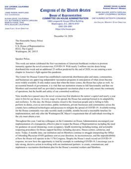 December 14, 2020 the Honorable Nancy Pelosi Speaker U.S. House of Representatives H232, the Capitol Washington, DC 20515 Speake