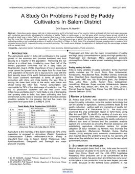 A Study on Problems Faced by Paddy Cultivators in Salem District