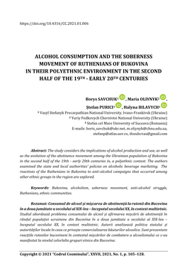 Alcohol Consumption and the Soberness Movement of Ruthenians of Bukovina in Their Polyethnic Environment in the Second Half of the 19Th - Early 20Th Centuries