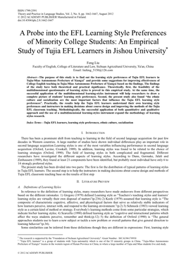 A Probe Into the EFL Learning Style Preferences of Minority College Students: an Empirical Study of Tujia EFL Learners in Jishou University