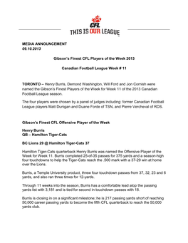 MEDIA ANNOUNCEMENT 09.10.2013 Gibson's Finest CFL Players