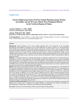 Factors Influencing Unmet Need for Family Planning Among Women in Fertility Age (15-49 Years Old) in West Mamprusi District in the Northern Region of Ghana