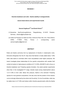 REVISION 1 Ilmenite Breakdown and Rutile