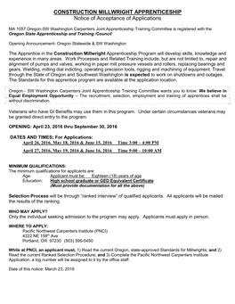 CONSTRUCTION MILLWRIGHT APPRENTICESHIP Notice of Acceptance of Applications