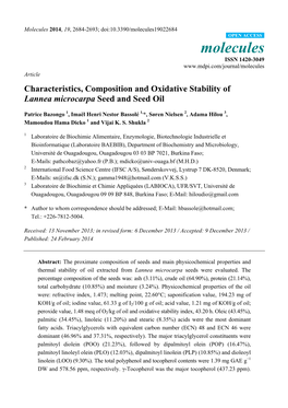 Characteristics, Composition and Oxidative Stability of Lannea Microcarpa Seed and Seed Oil