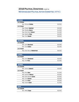 2016 POLITICAL DONATIONS Made by WEYERHAEUSER POLITICAL ACTION COMMITTEE (WPAC)