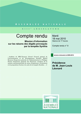 Compte Rendu Mardi 18 Mai 2010 Mission D’Information Séance De 17 Heures Sur Les Raisons Des Dégâts Provoqués Par La Tempête Xynthia Compte Rendu N° 9