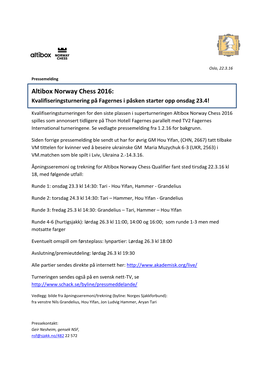 Altibox Norway Chess 2016: Kvalifiseringsturnering På Fagernes I Påsken Starter Opp Onsdag 23.4!