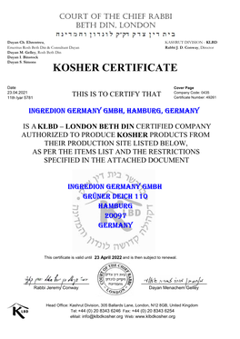 Kosher Certificate