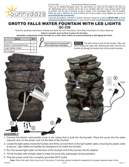 GROTTO FALLS WATER FOUNTAIN with LED LIGHTS QC-236 Read the Assembly Instructions Carefully and Follow the Care Instructions