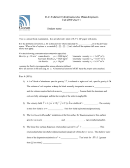 13.012 Marine Hydrodynamics for Ocean Engineers Fall 2004 Quiz #1 Student Name: ˆ4 10