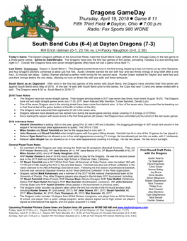 Dragons Gameday Thursday, April 19, 2018  Game # 11 Fifth Third Field  Dayton, Ohio  7:00 P.M