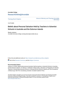 Beliefs About Personal Salvation Held by Teachers in Adventist Schools in Australia and the Solomon Islands