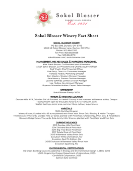 Sokol Blosser Winery Fact Sheet