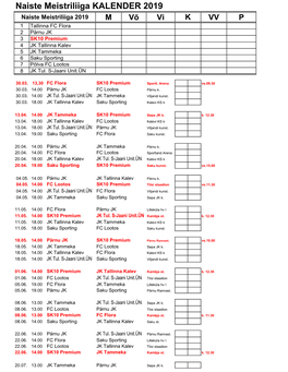 Naiste Meistriliiga KALENDER 2019