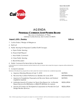 AGENDA PENINSULA CORRIDOR JOINT POWERS BOARD Bacciocco Auditorium, 2Nd Floor 1250 San Carlos Avenue, San Carlos CA 94070 August 1, 2019 – Thursday 9:00 Am