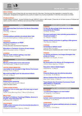 ONLINE ALERT 13 MARCH 2009 News Articles Proquest Direct